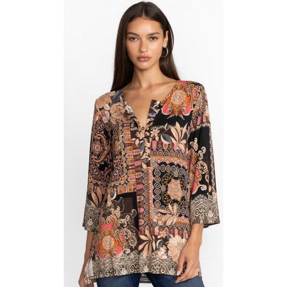 Johnny Was The Janie Favorite Button Down Henley Blouse Brown Floral XS - Picture 2 of 8